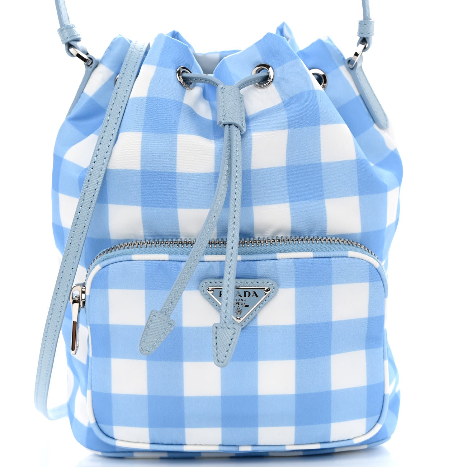 Prada Re-Nylon Saffiano Gingham Print Duet Bucket Crossbody Bag Light Blue 7 of 9