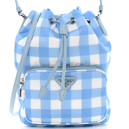 Prada Re-Nylon Saffiano Gingham Print Duet Bucket Crossbody Bag Light Blue 7 of 9