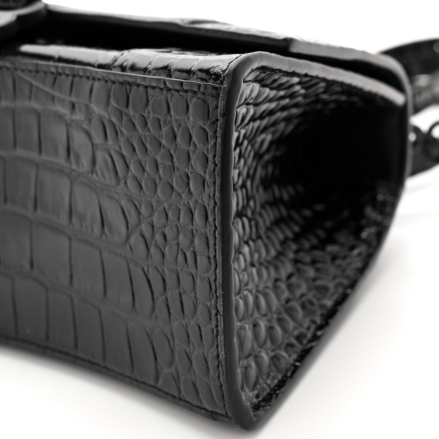 Shiny Calfskin Monochrome Crocodile Embossed Small Hourglass Top Handle Bag Black