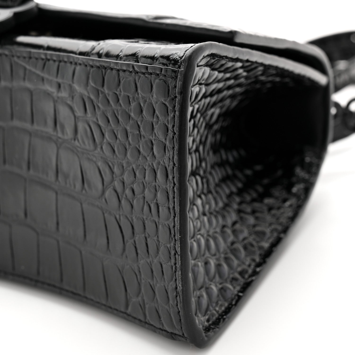 Balenciaga Shiny Calfskin Monochrome Crocodile Embossed Small Hourglass Top Handle Bag Black 10 of 11