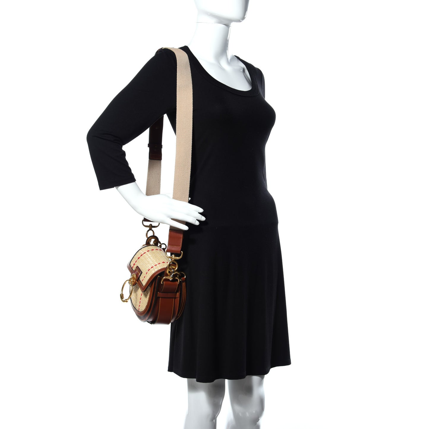 Calfskin Raffia Embroidered Small Tess Bag Sepia Brown