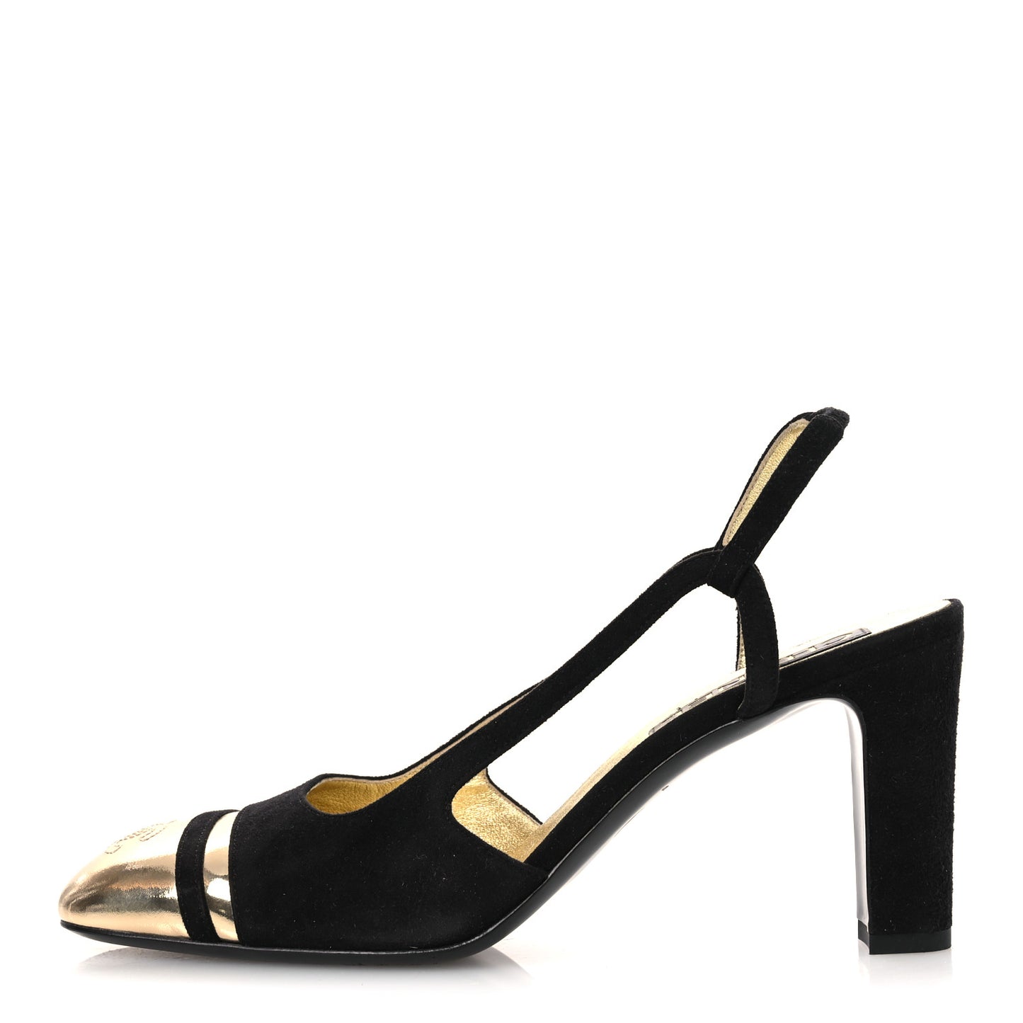Kid Suede Metallic Lambskin Cap Toe CC Slingback Pumps 40 Black Gold