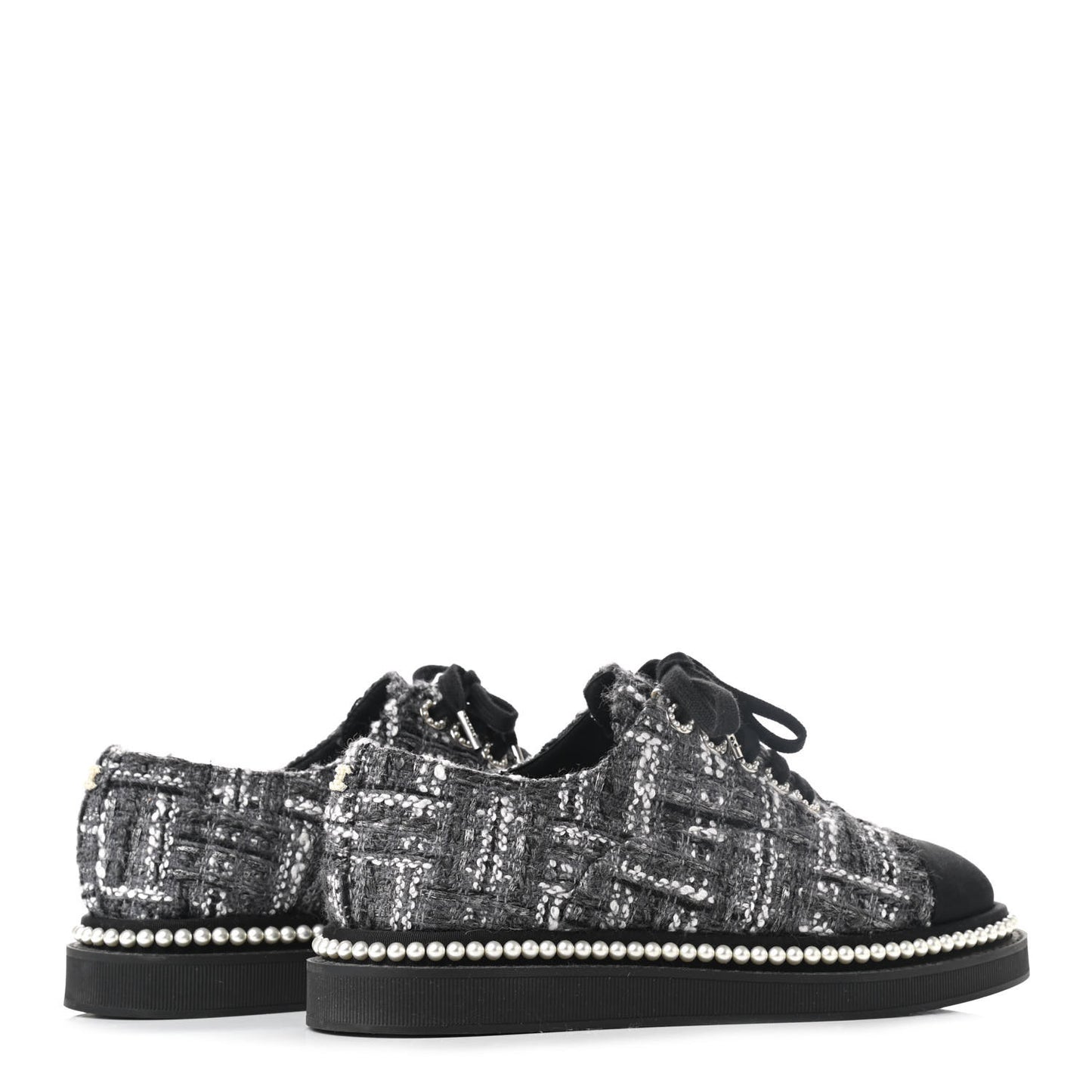 Tweed Grosgrain Pearl Lace Up Sneakers 37 Black