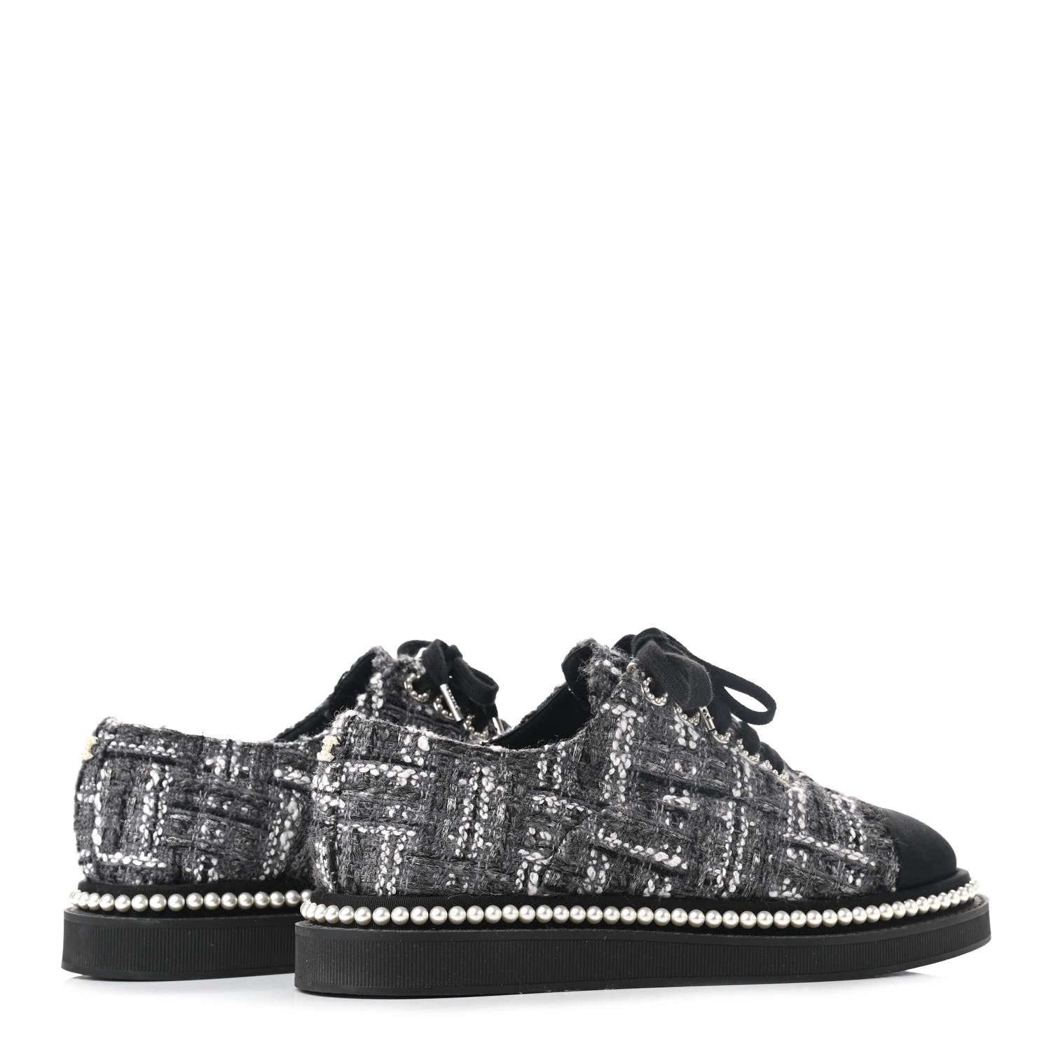 Chanel Tweed Grosgrain Pearl Lace Up Sneakers 37 Black 4 of 9