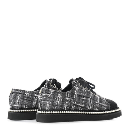Chanel Tweed Grosgrain Pearl Lace Up Sneakers 37 Black 4 of 9