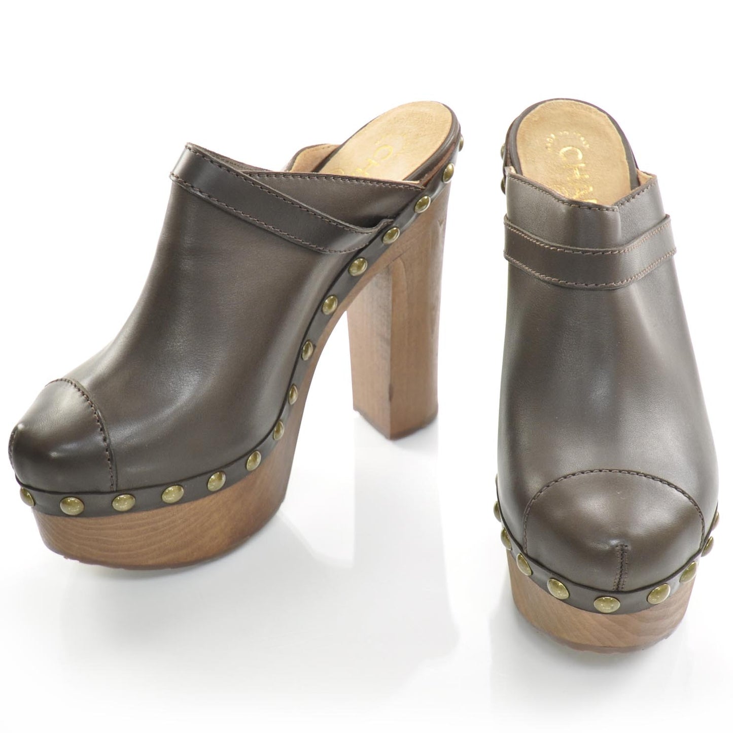 Leather Studded Clogs 38 Brown