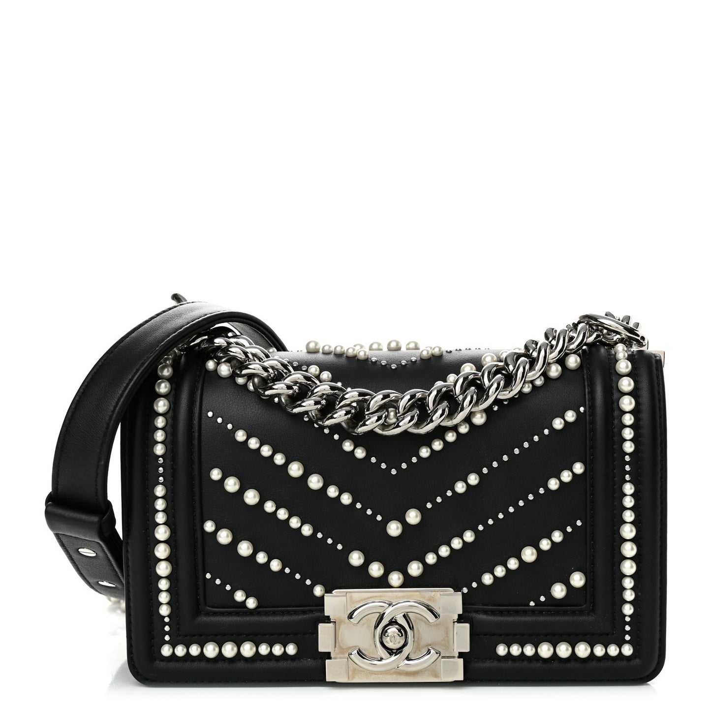 Calfskin Pearl Chevron Small Boy Flap Black