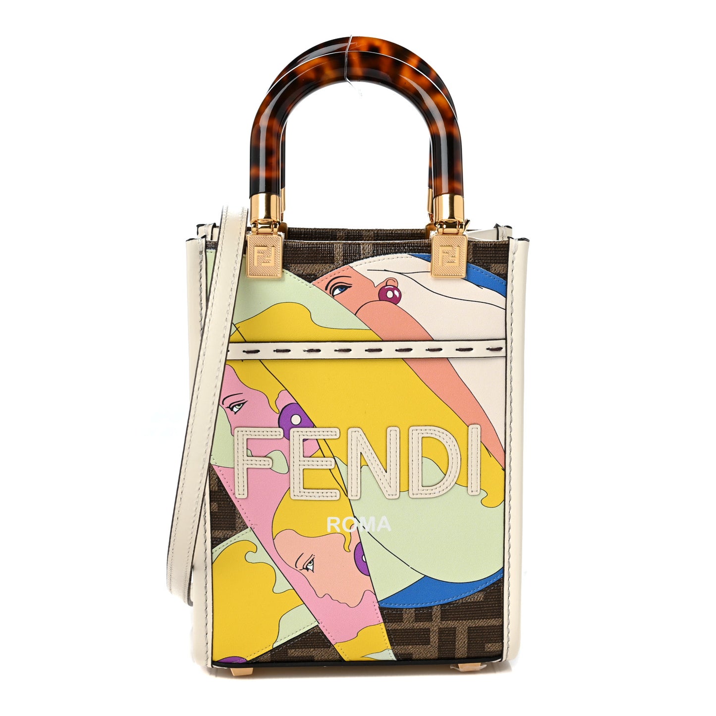 Glazed Fabric Vitello King Plexiglass FF 1974 Logo Hairdo Girls Inlay Mini Fendi Sunshine Shopper Tote Mogano Panna Multicolor
