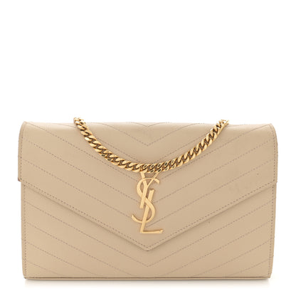 Saint Laurent Grain De Poudre Matelasse Chevron Monogram Chain Wallet Dark Beige 1 of 17