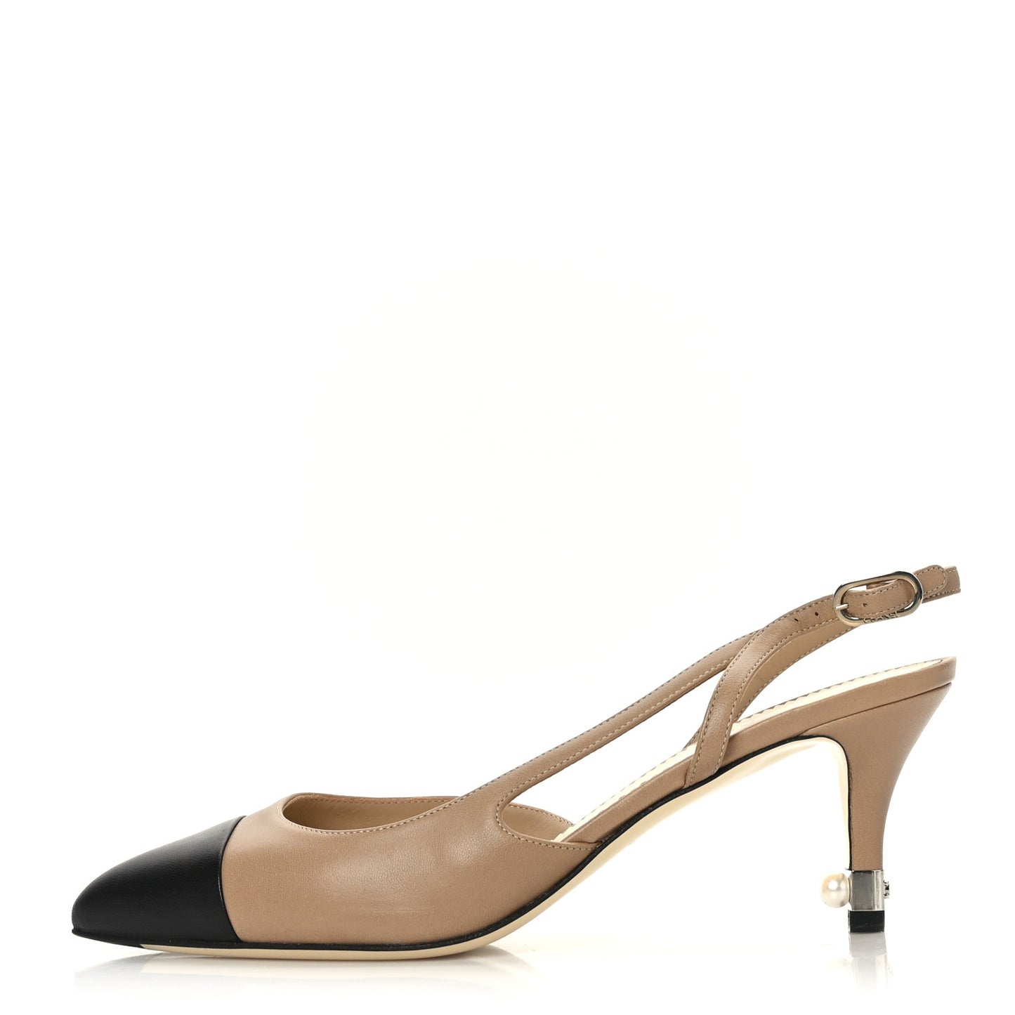 Lambskin Satin Cap Toe CC Slingback Heels 39.5 Beige Black