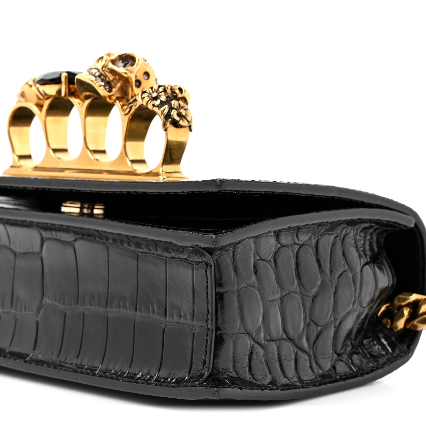 Shiny Crocodile Embossed Jeweled Satchel Black