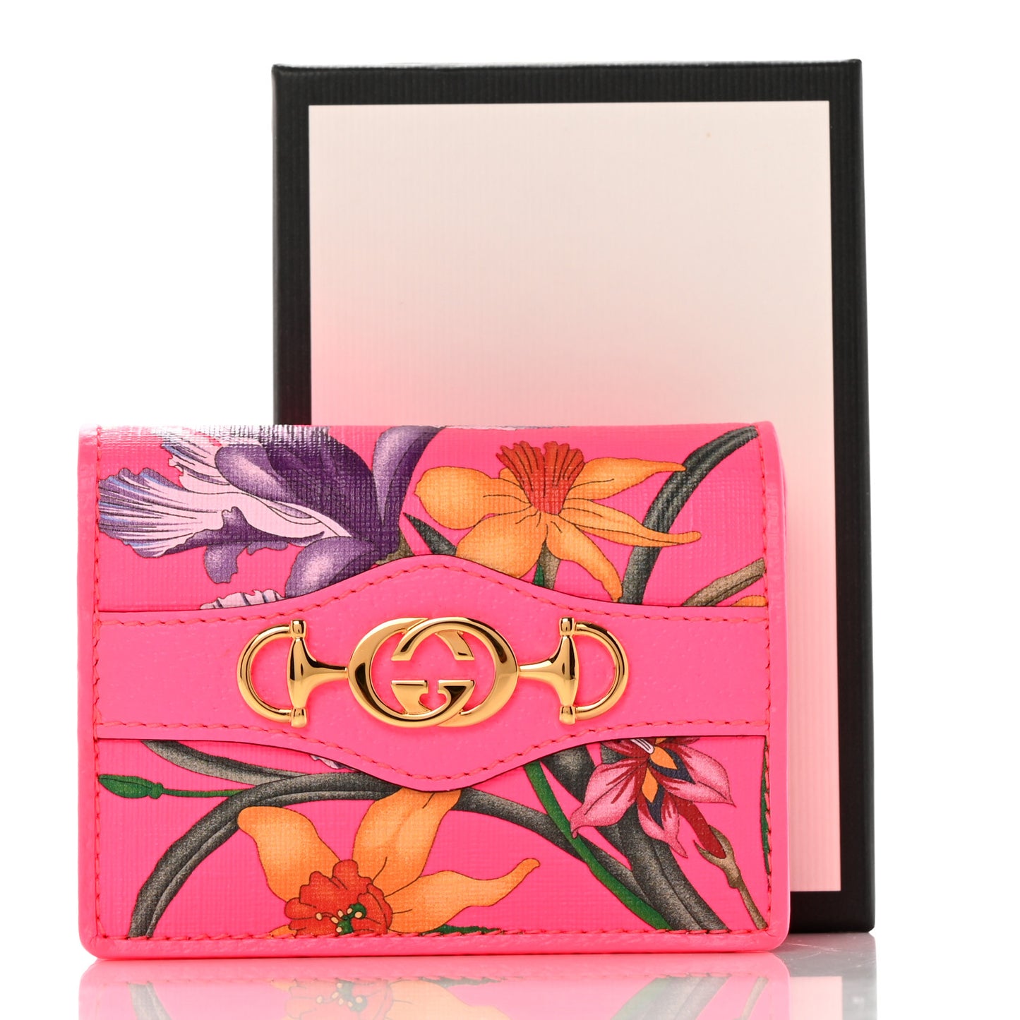 Calfskin Flora Print Zumi Card Case Fuxia Fluo
