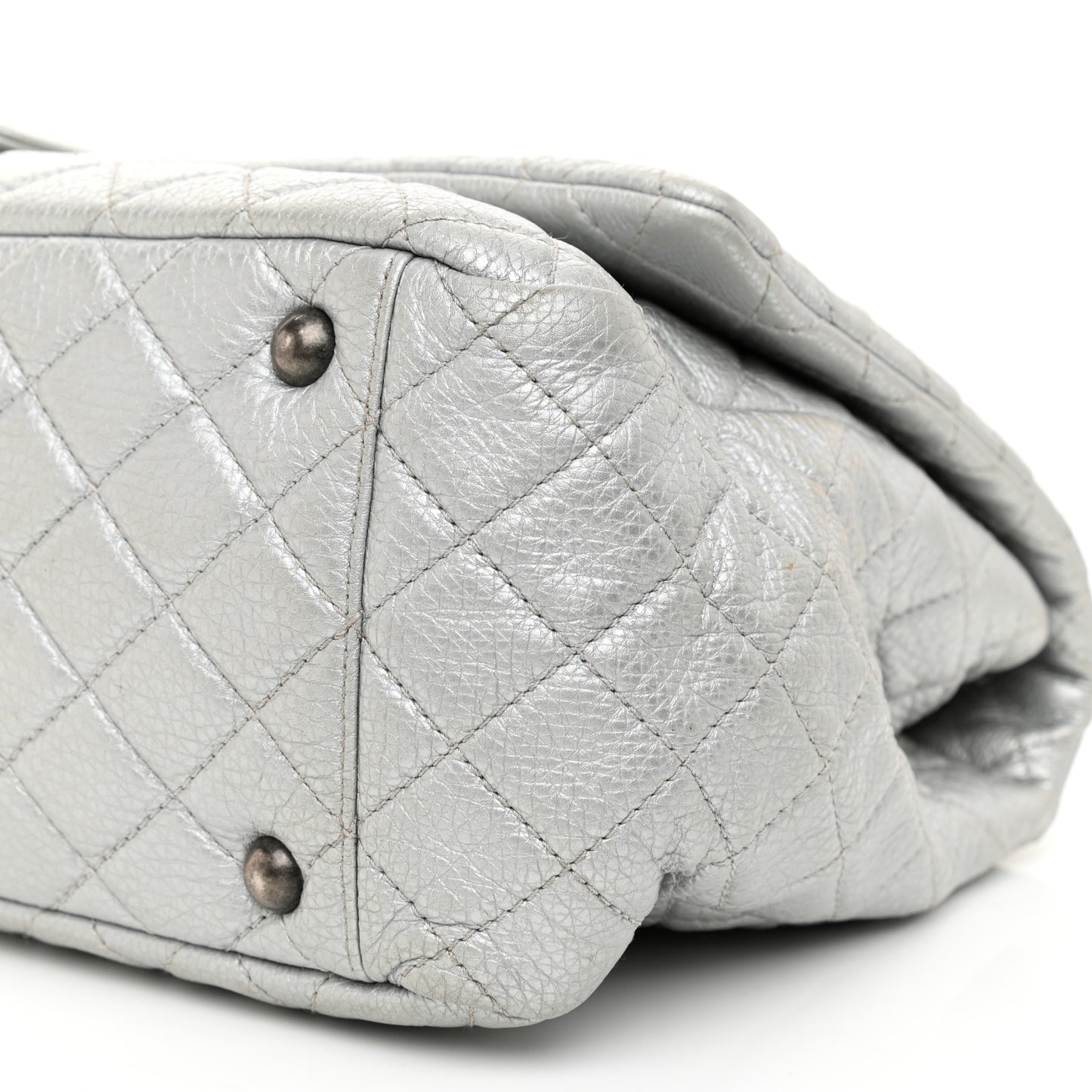 Metallic Calfskin Quilted XXL Travel Flap Bag Silver
