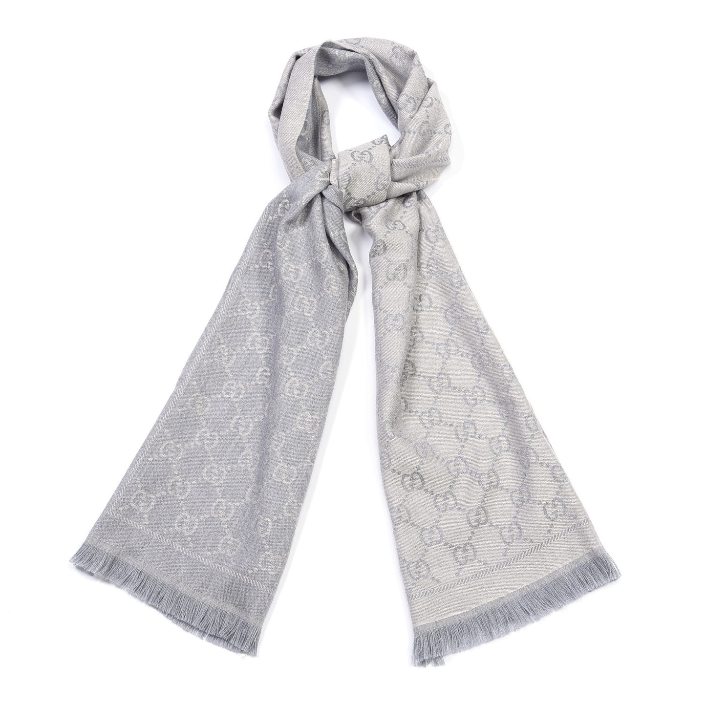 Wool Jacquard GG Monogram Sten Fringe Scarf Zinc Light Grey