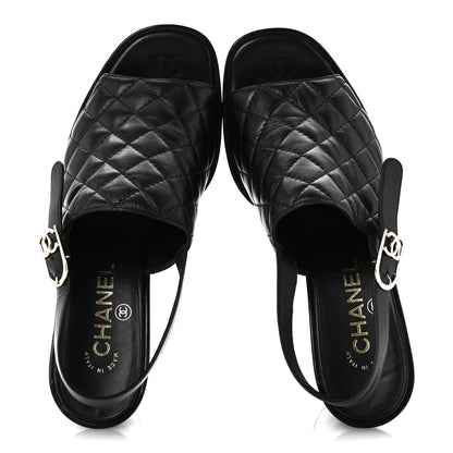 Chanel Lambskin Quilted Peep Toe Wedge Sandals 38 Black 2 of 10