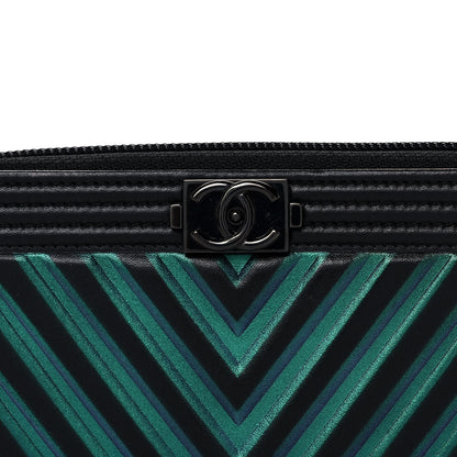Chanel Calfskin Painted Chevron Embossed Small Boy Zip Wallet Black 9 of 14