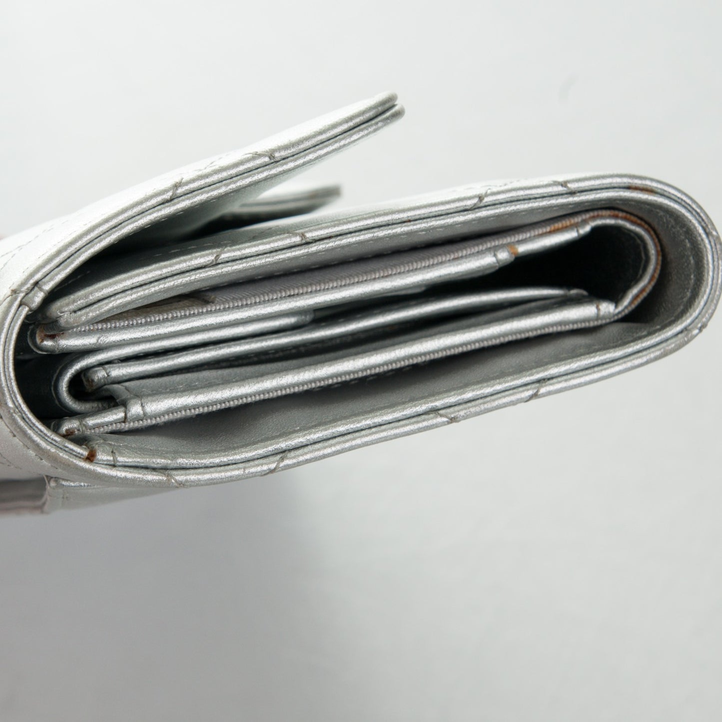 Metallic Lambskin Quilted Large Flap Wallet Silver
