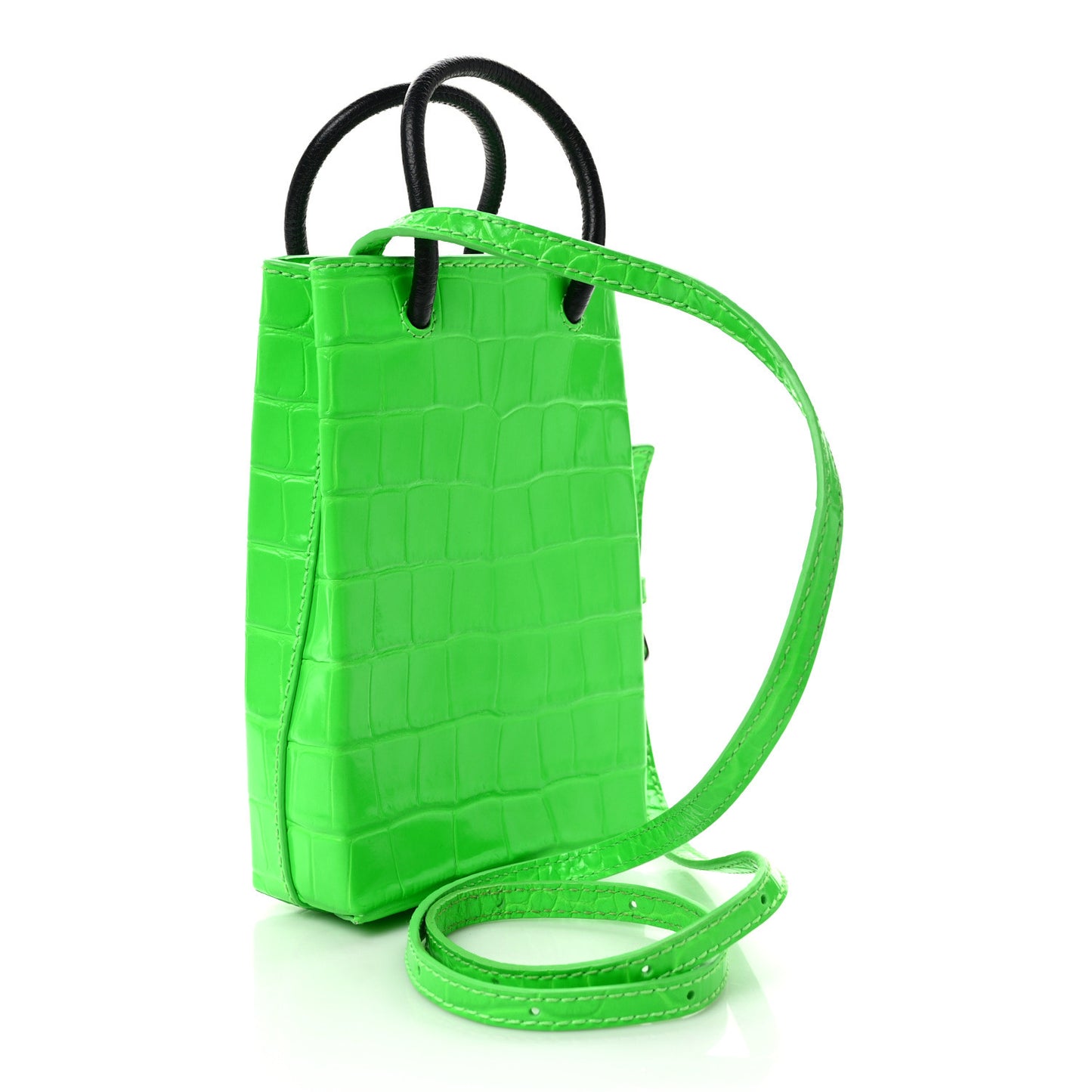Shiny Calfskin Crocodile Embossed Logo Shopping Phone Holder Bag Fluo Green Black
