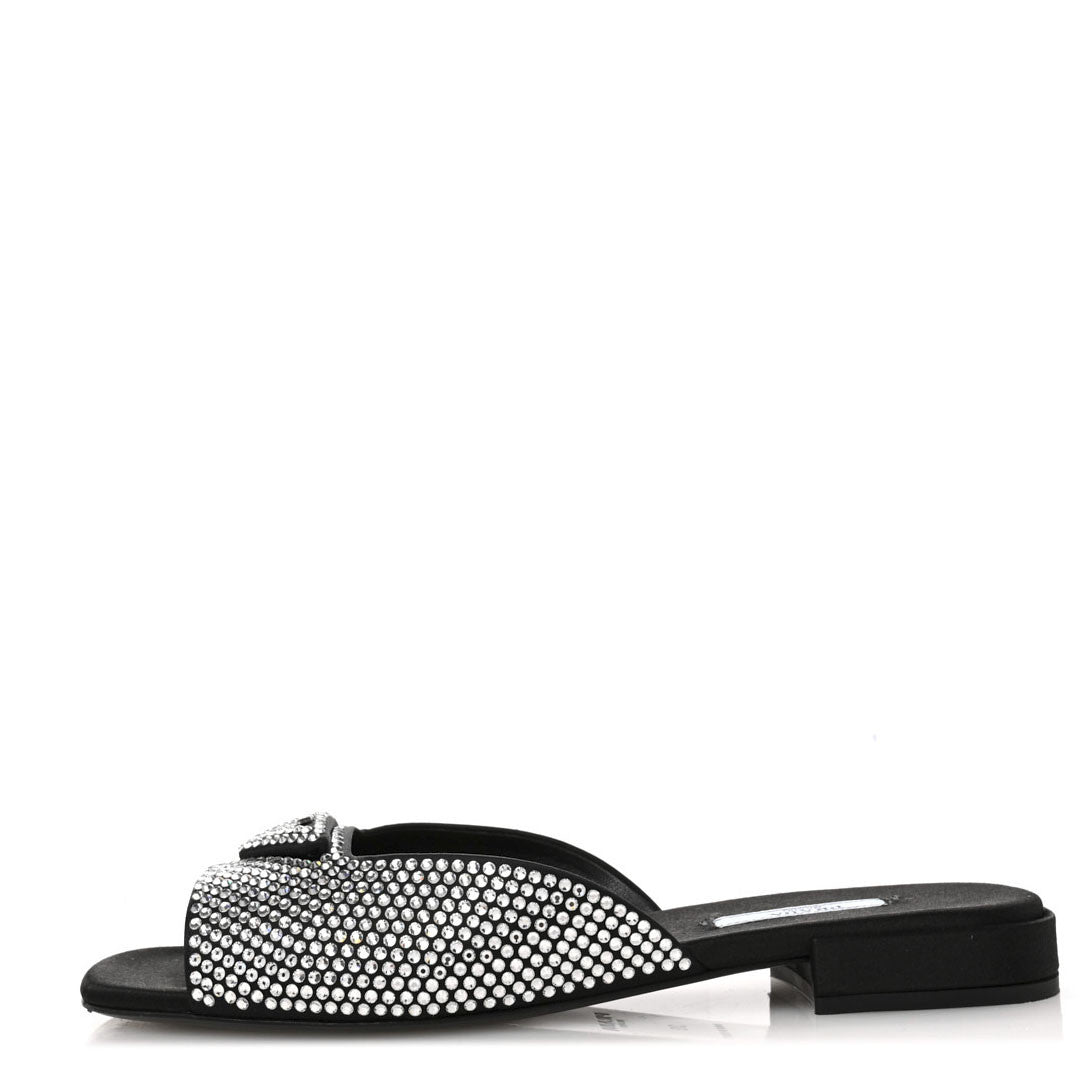 Satin Crystal Logo 10mm Slide Sandals 39 Black