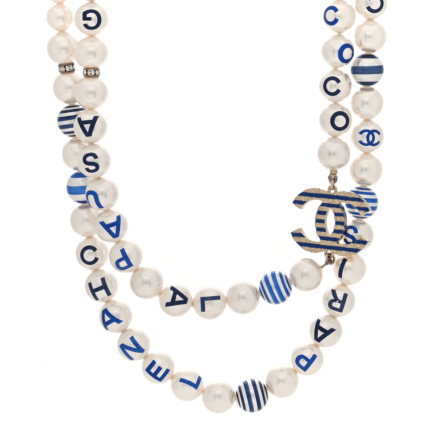 Chanel Graduated Resin Pearl Striped CC Logo Long Necklace White Blue 1 of 5