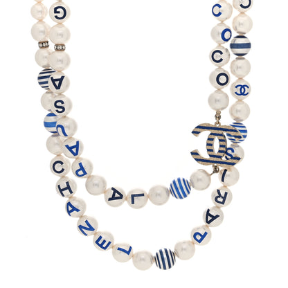 Chanel Graduated Resin Pearl Striped CC Logo Long Necklace White Blue 1 of 5
