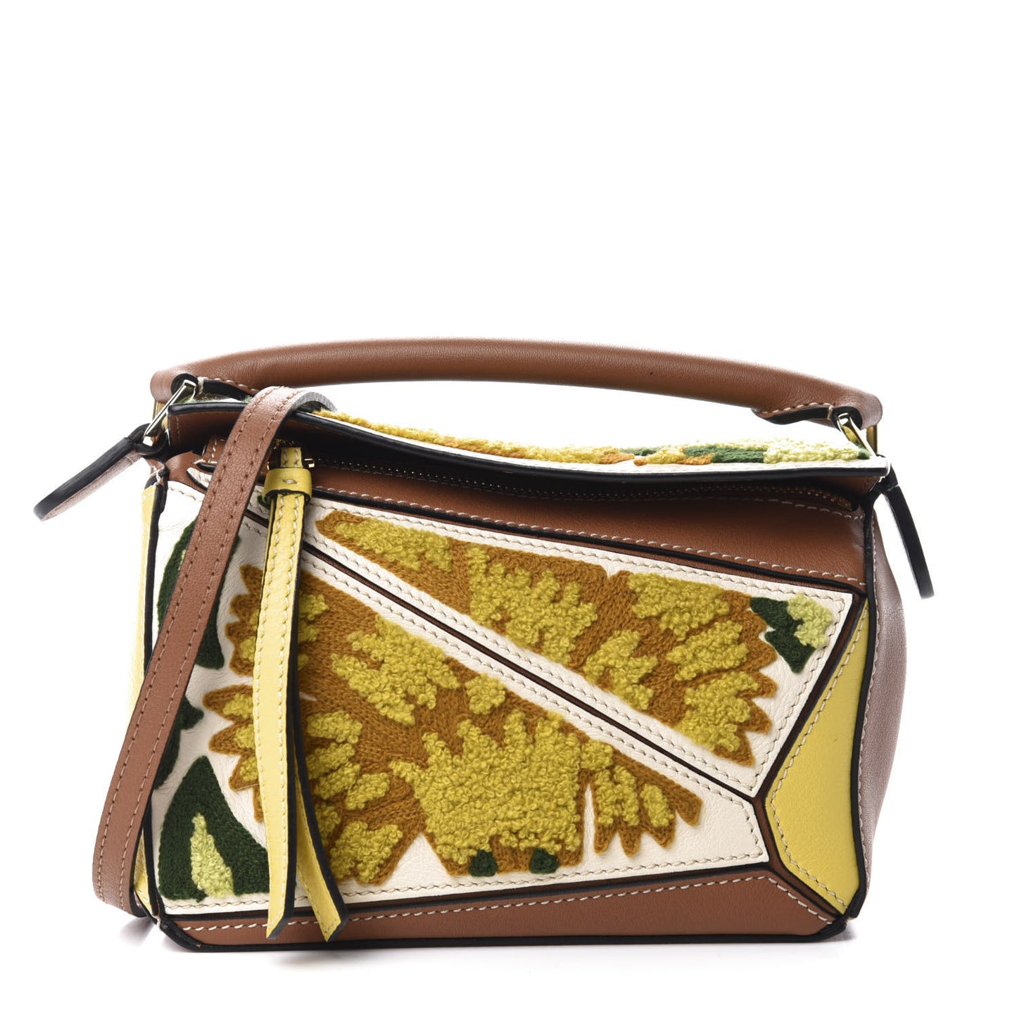 Calfskin Embroidered Floral Mini Puzzle Bag Tan Yellow