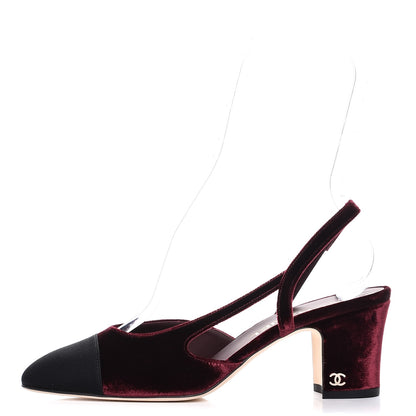 Chanel Velour Cap Toe CC Slingback Pumps 38 Burgundy Black 1 of 9