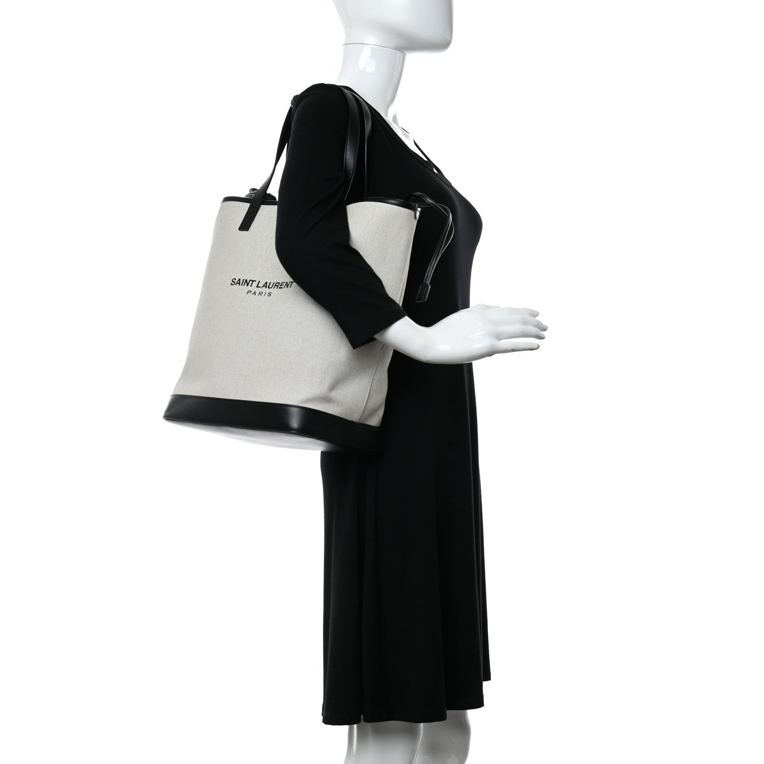Saint Laurent Canvas Calfskin Teddy Drawstring Shopping Tote White Black 2 of 10