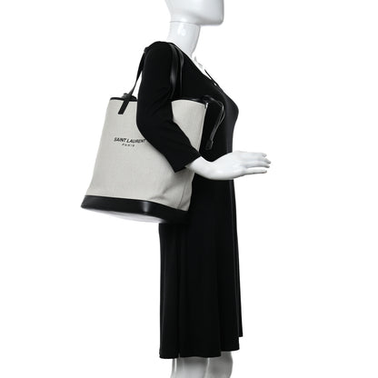 Saint Laurent Canvas Calfskin Teddy Drawstring Shopping Tote White Black 2 of 10