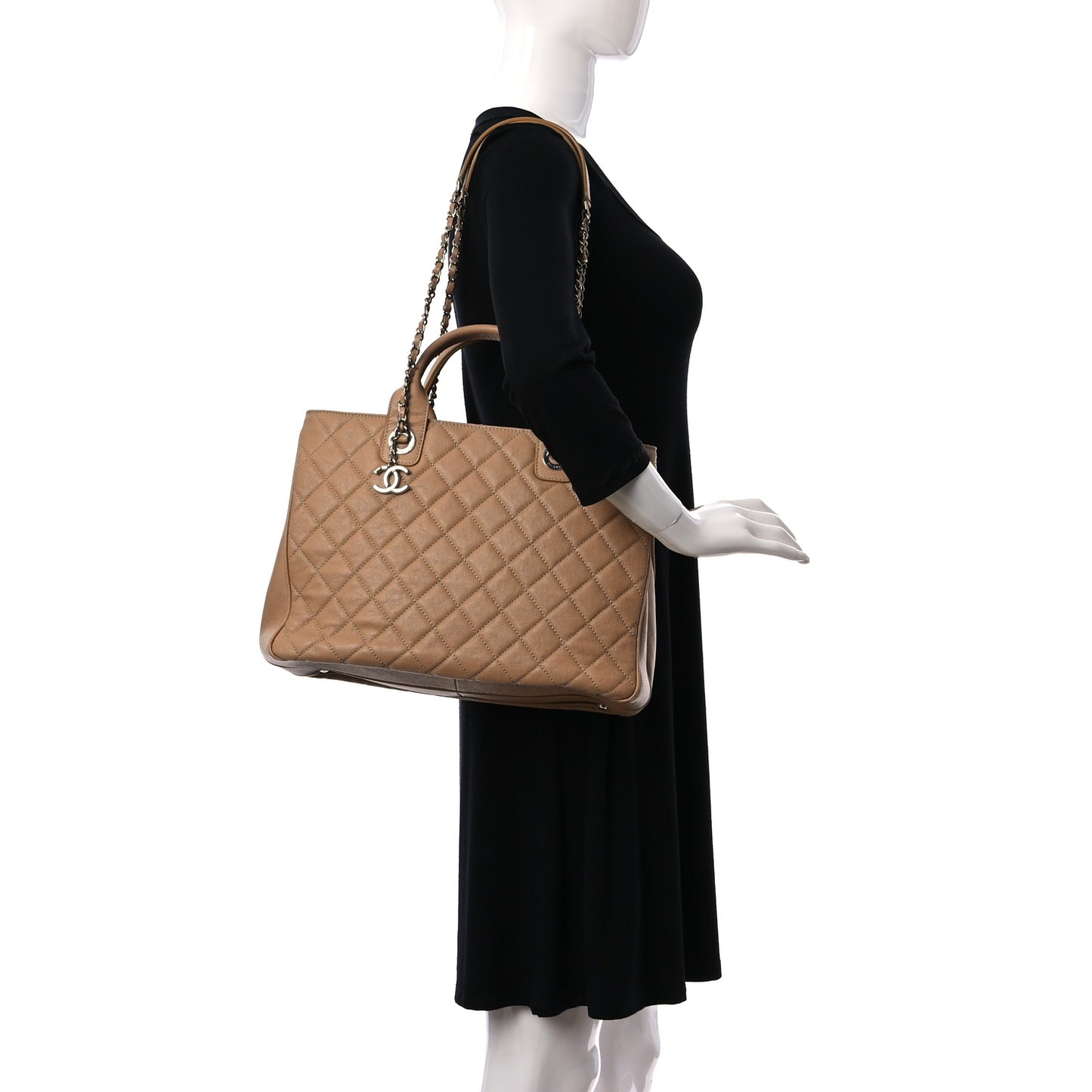 Caviar Quilted Large Urban Companion Top Handle Shopping Tote Beige