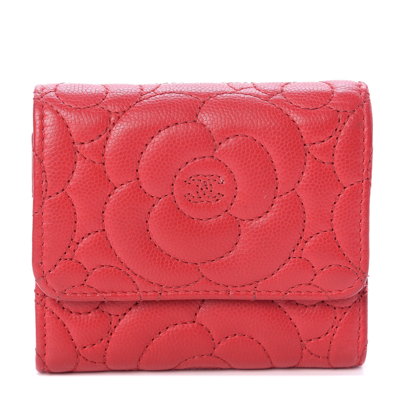 Chanel Caviar Camellia Embossed Compact Wallet Red 1 of 5