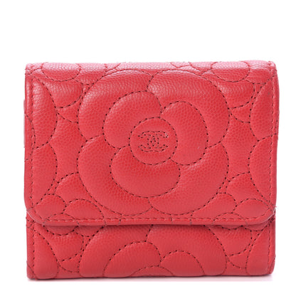 Chanel Caviar Camellia Embossed Compact Wallet Red 1 of 5