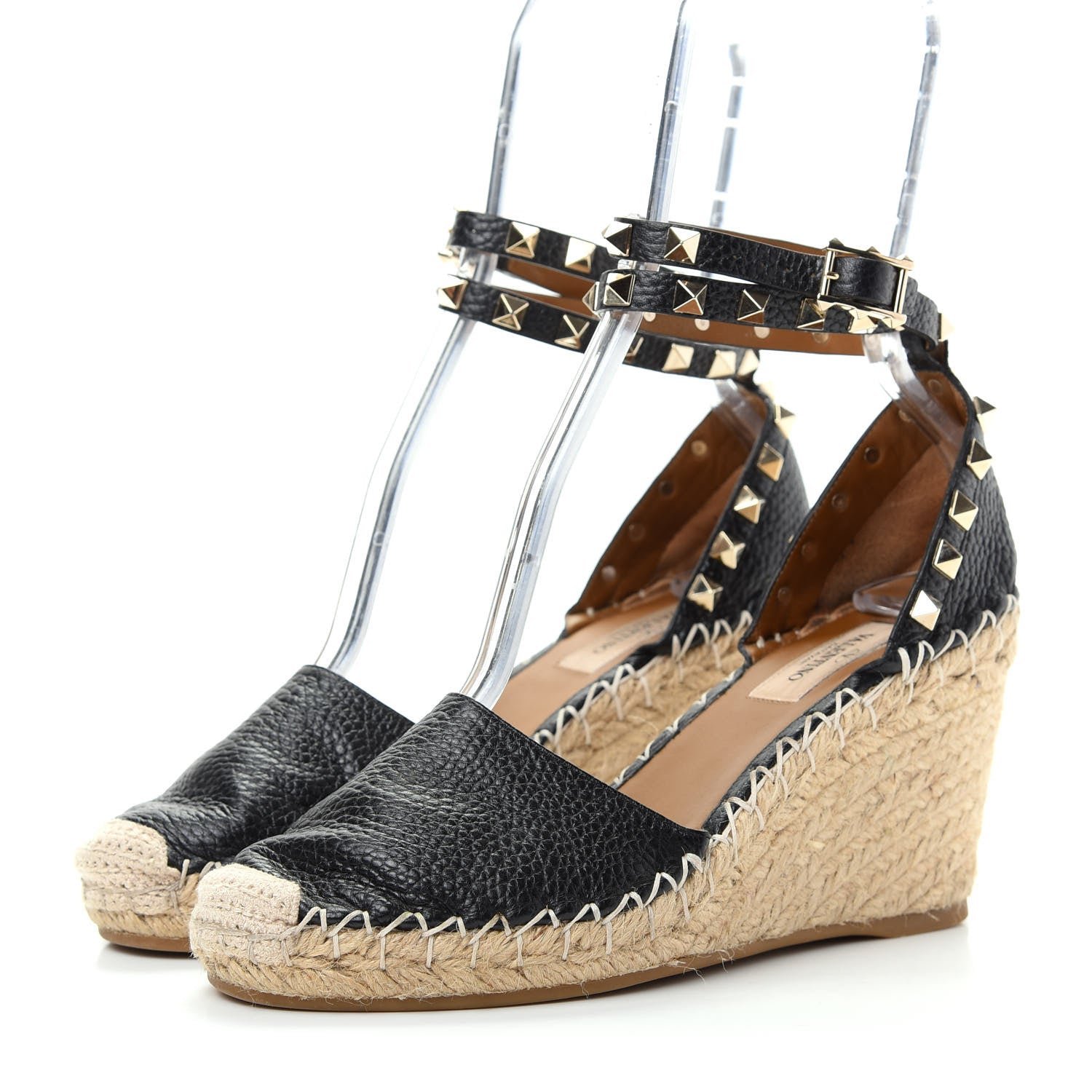 Valentino Garavani Grained Calfskin Rockstud Ankle Wrap Espadrille 15/85mm Wedges 36 Black Light Cuir 3 of 10