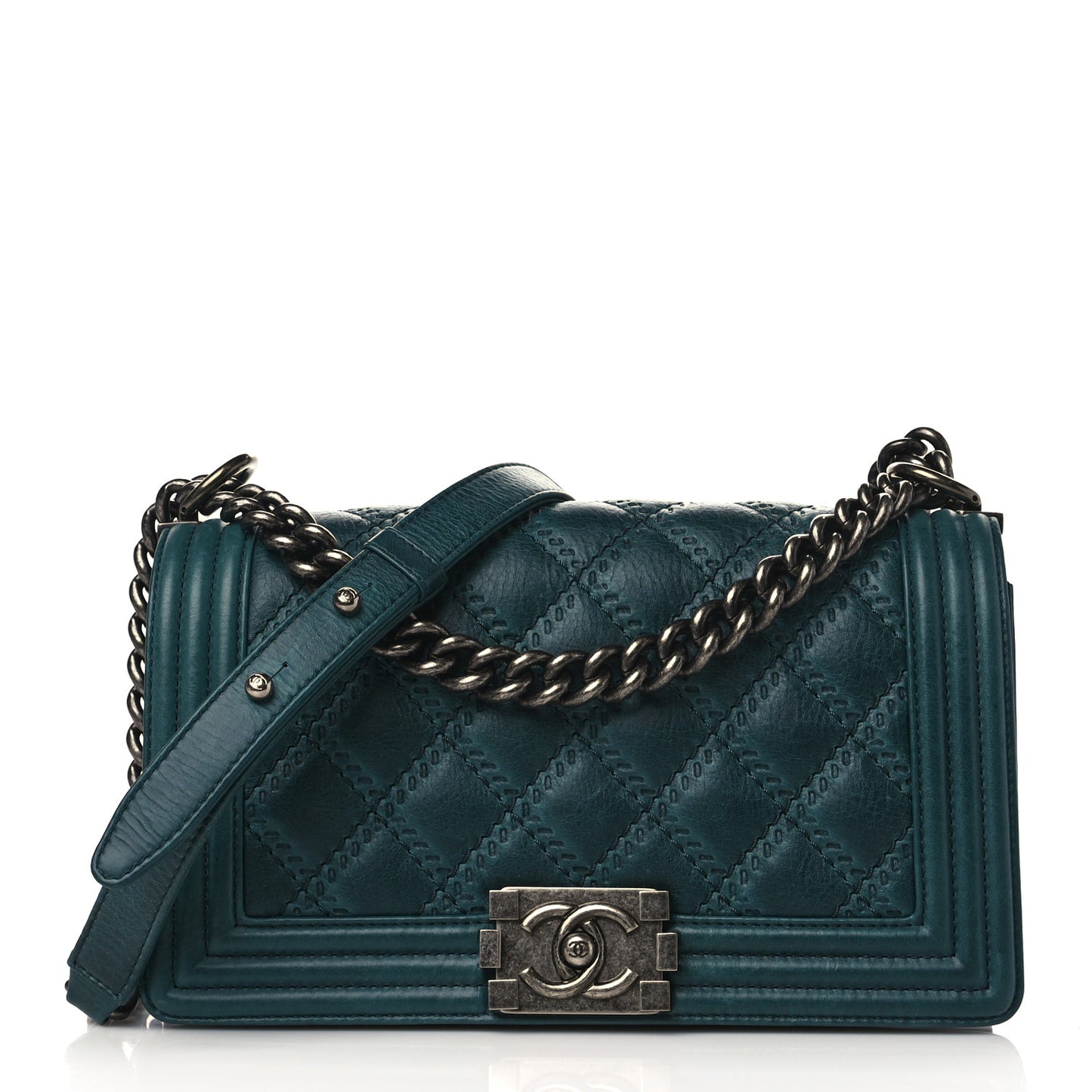 Calfskin Double Stitch Medium Boy Flap Green
