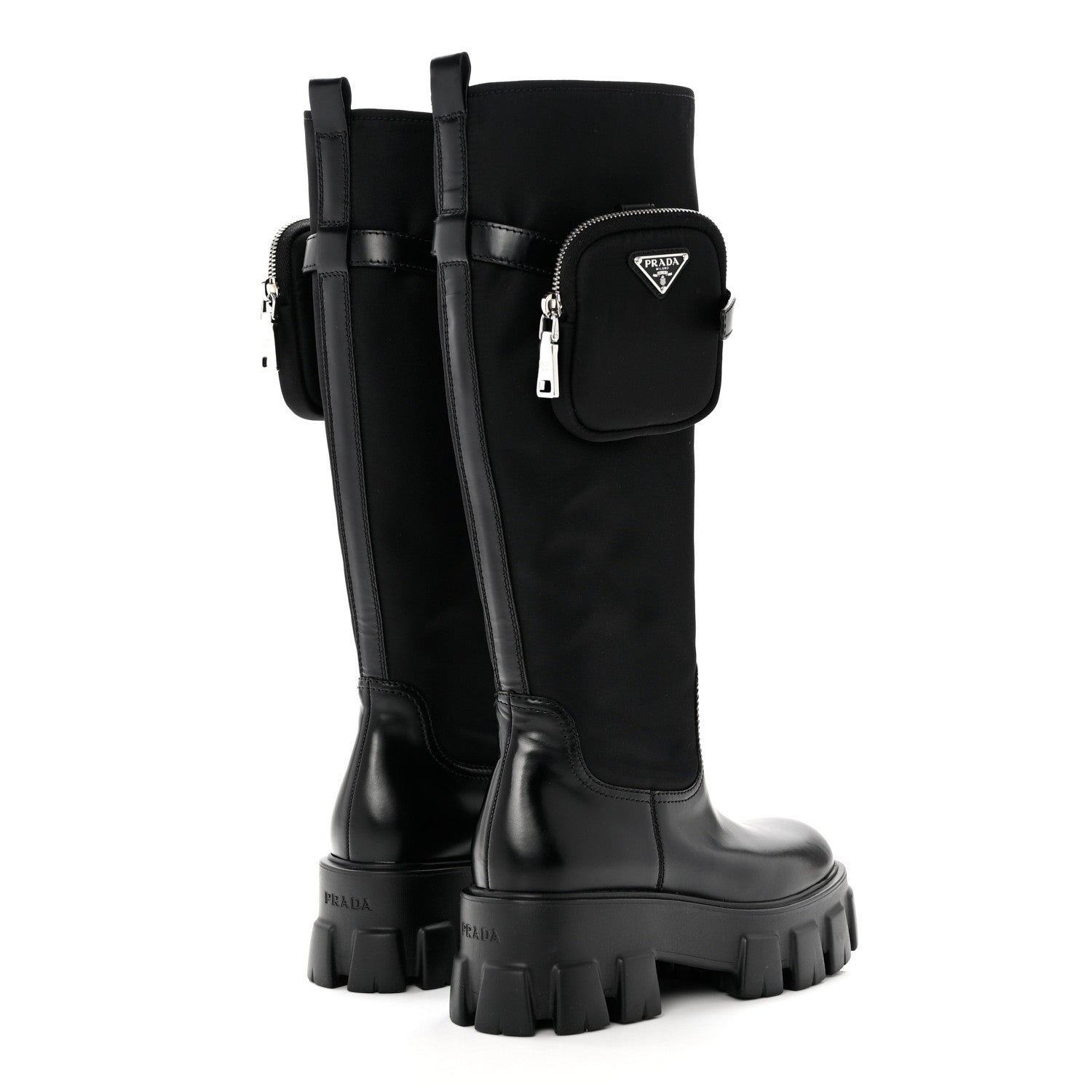 Prada Spazzolato Rois Re-Nylon Metal Triangle Logo Monolith Pouch Pocket 55mm Tall Boots 37 Black 4 of 8