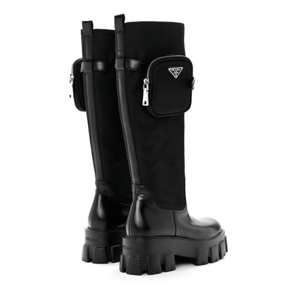 Prada Spazzolato Rois Re-Nylon Metal Triangle Logo Monolith Pouch Pocket 55mm Tall Boots 37 Black 4 of 8
