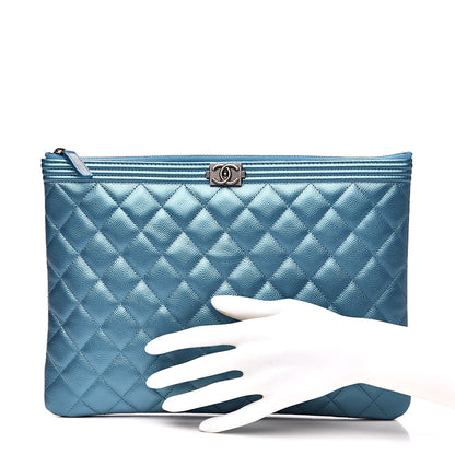 Chanel Metallic Caviar Quilted Medium Boy Cosmetic Case Turquoise 2 of 10
