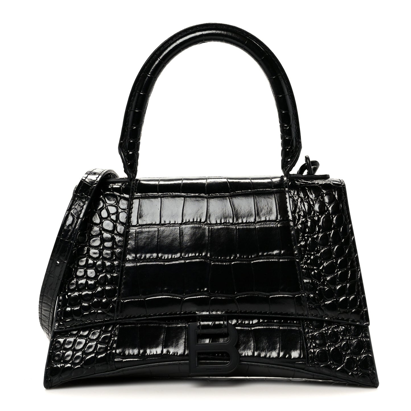 Shiny Calfskin Monochrome Crocodile Embossed Small Hourglass Top Handle Bag Black