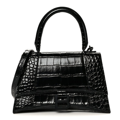 Balenciaga Shiny Calfskin Monochrome Crocodile Embossed Small Hourglass Top Handle Bag Black 1 of 10