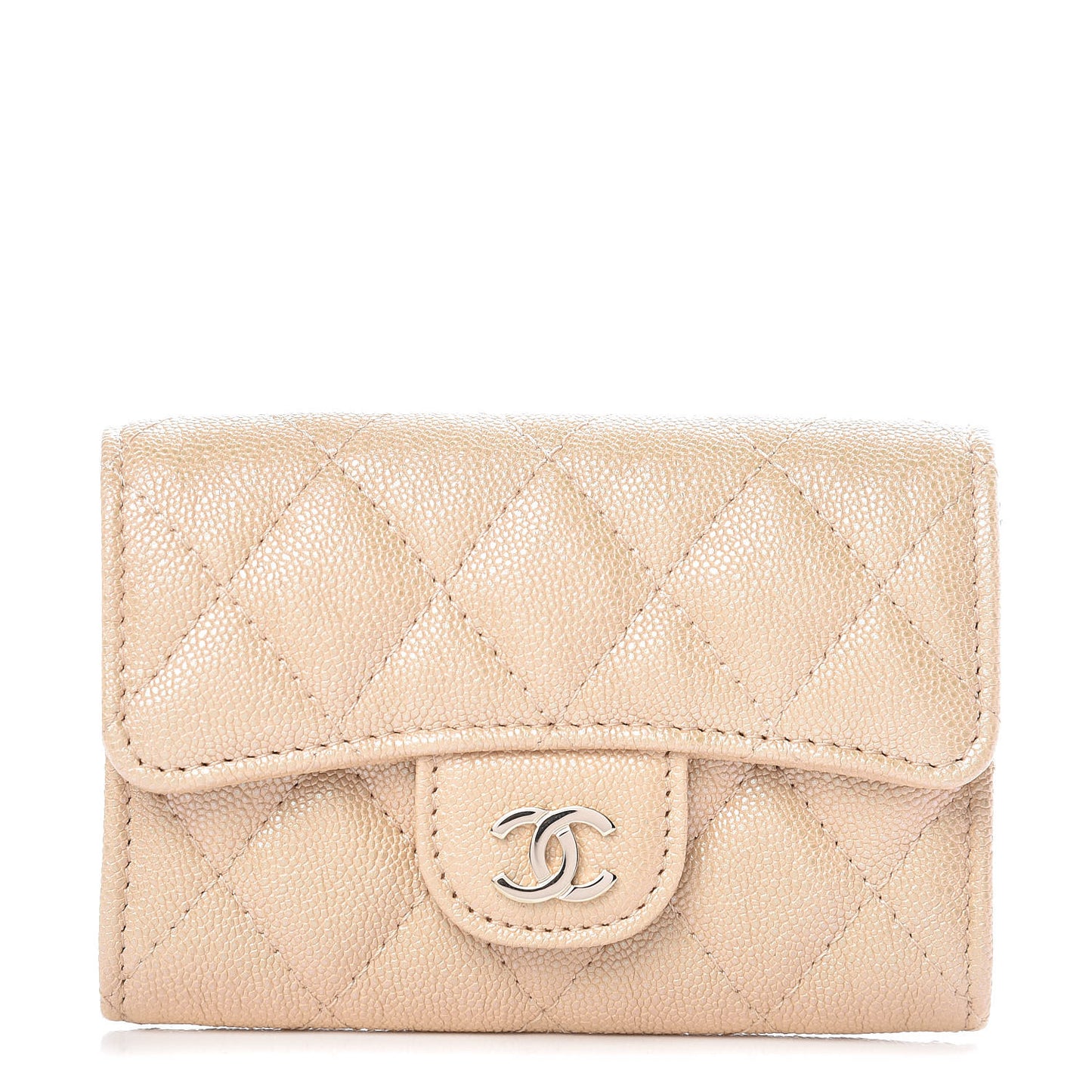 Iridescent Caviar Quilted Flap Card Holder Beige
