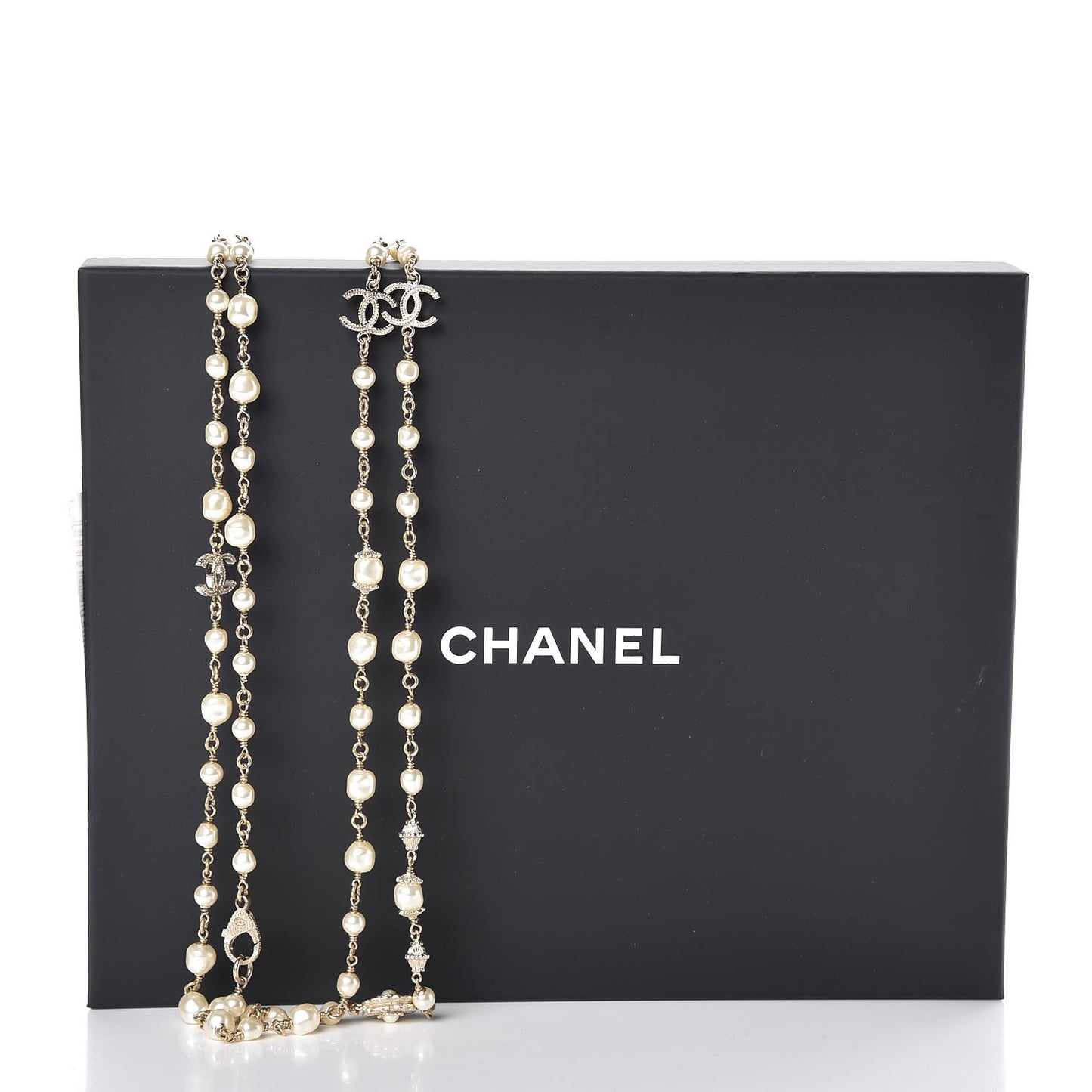 Pearl Bead Enamel CC Long Necklace Gold