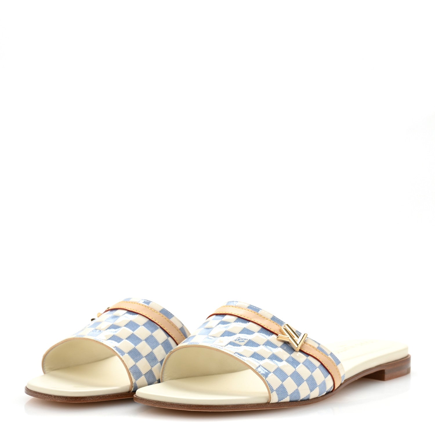 Louis Vuitton Damier Azur Patent Neo Revival Flat Mule Sandals 40 Blanc Bleu 4 of 11