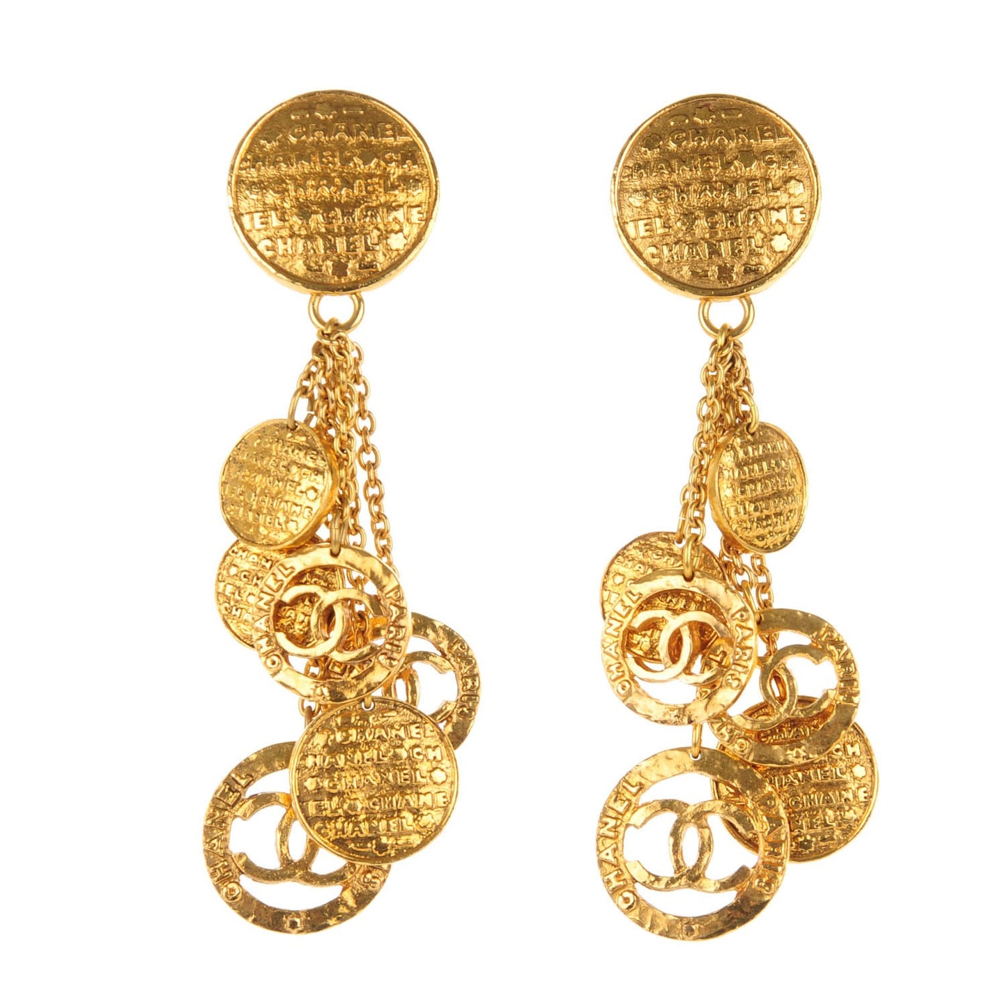 Hammered Medallion CC Dangle Earrings Gold