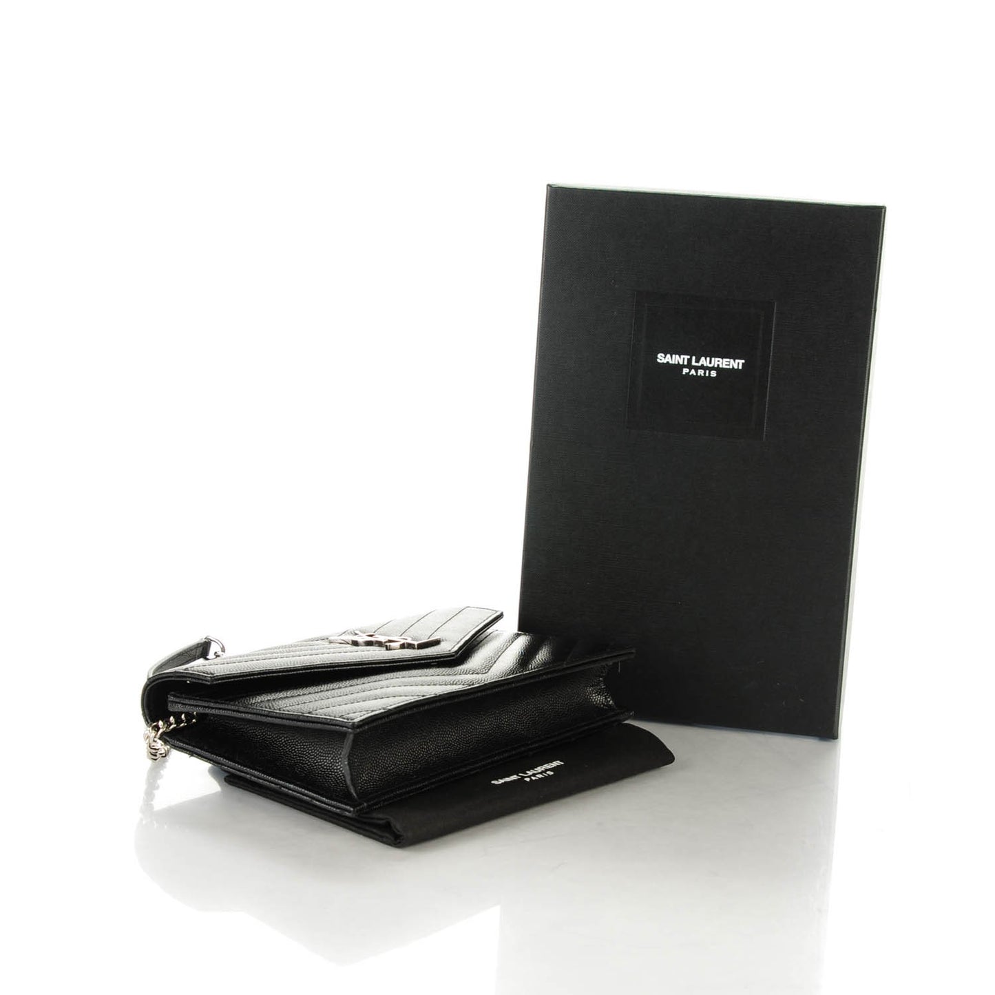 Grain De Poudre Matelasse Chevron Monogram Envelope Chain Wallet Black