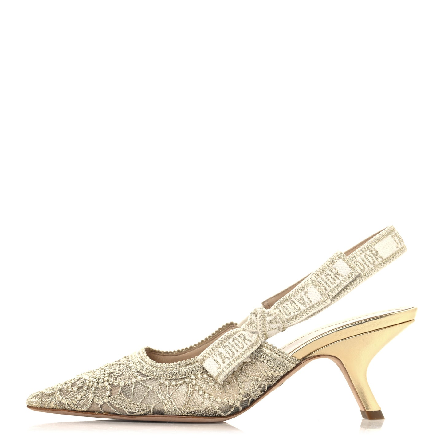 Transparent Metallic Embroidered Mesh Macrame Constantine Embroidered J'Adior Slingback 65mm Pumps 37.5 Pale Gold