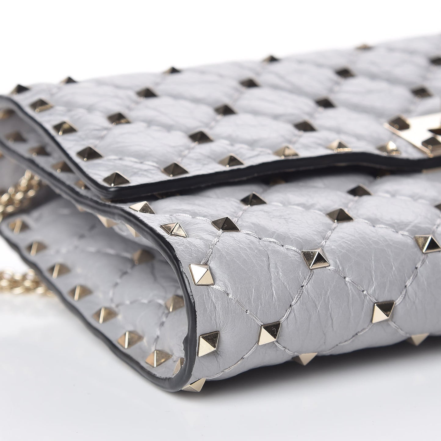 Craquele Nappa Rockstud Spike Wallet on Chain Pastel Grey