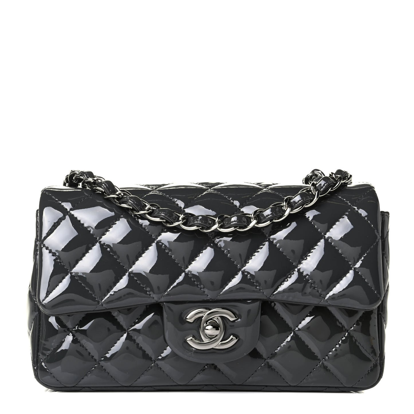 Patent Calfskin Quilted Mini Rectangular Flap Dark Grey