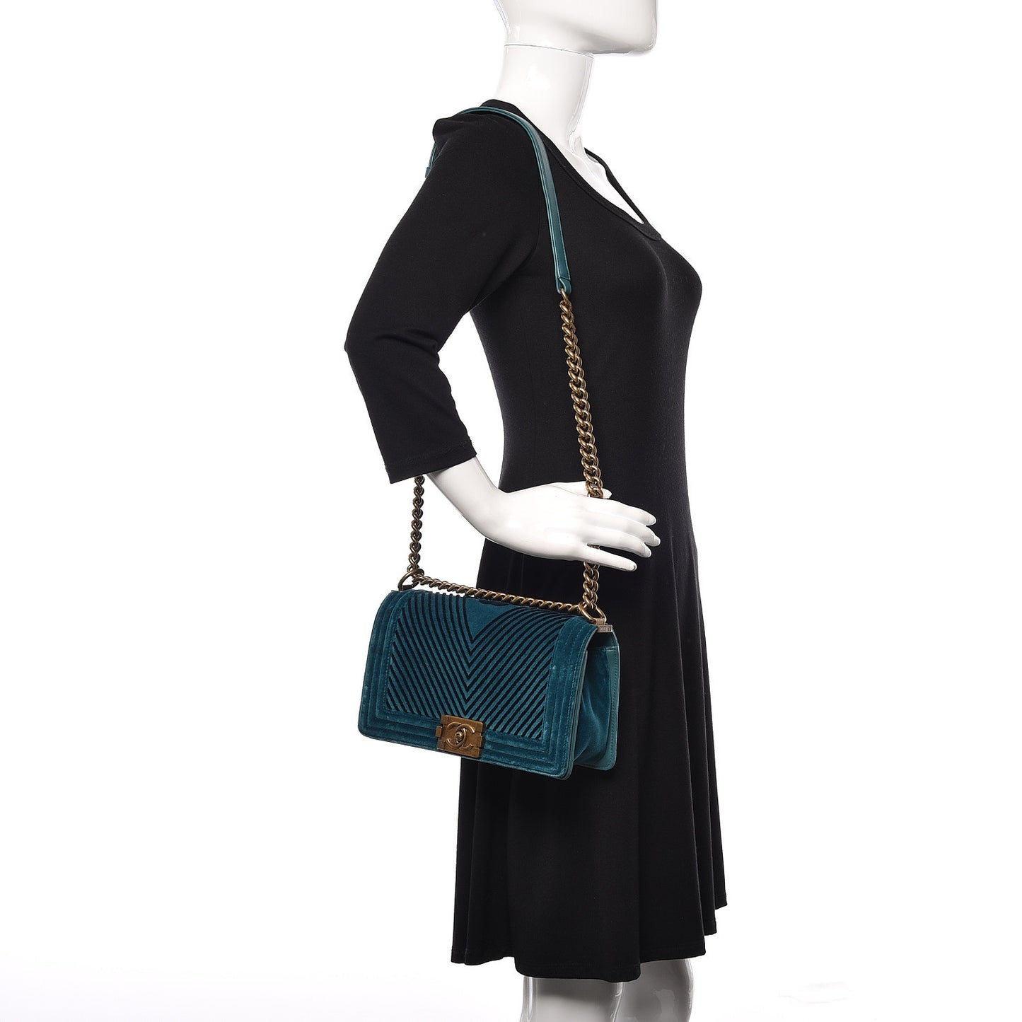 Velvet Chevron Quilted Medium Boy Flap Peacock Blue
