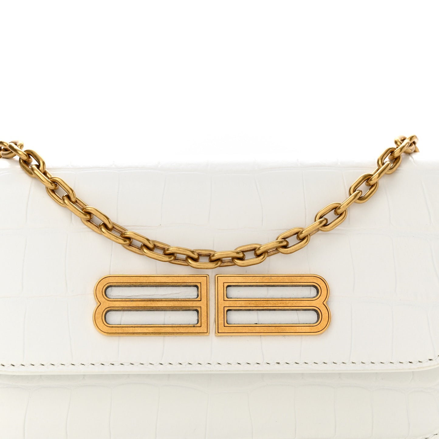 Extra Supple Calfskin Crocodile Embossed Gossip Wallet On Chain Optic White