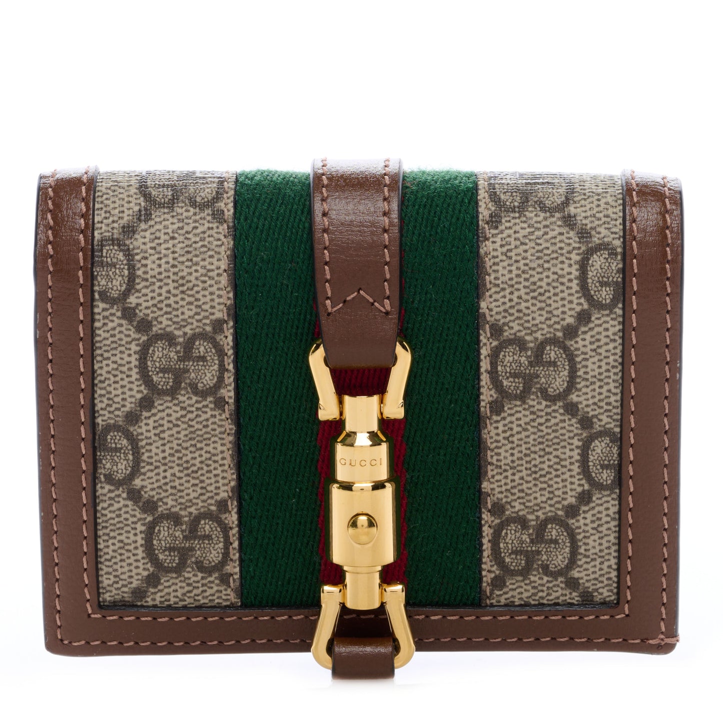 GG Supreme Monogram Textured Calfskin Web Jackie 1961 Card Case Beige Ebony Brown Sugar